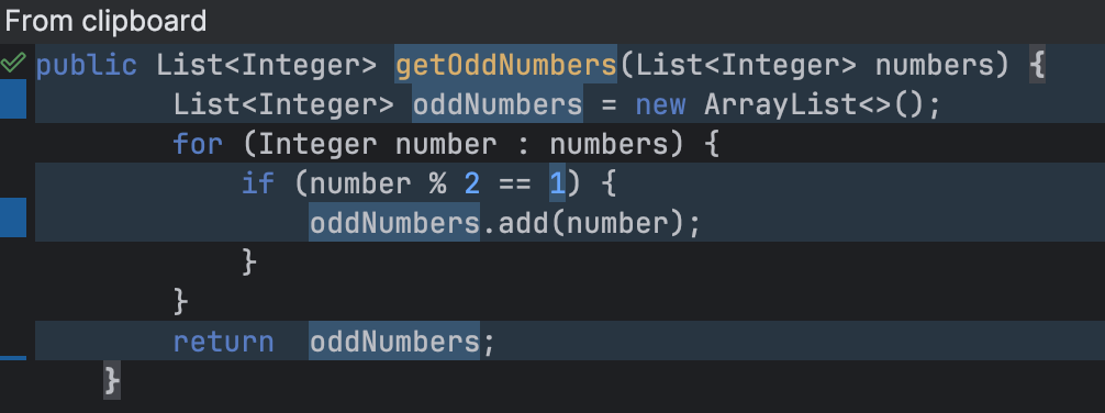 Screenshot: Comparing a code snippet with another one using "Compare with Clipboard"