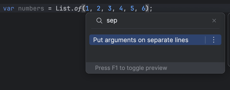 Screenshot: The context actions menu with a search filter applied by simply typing while the menu is open