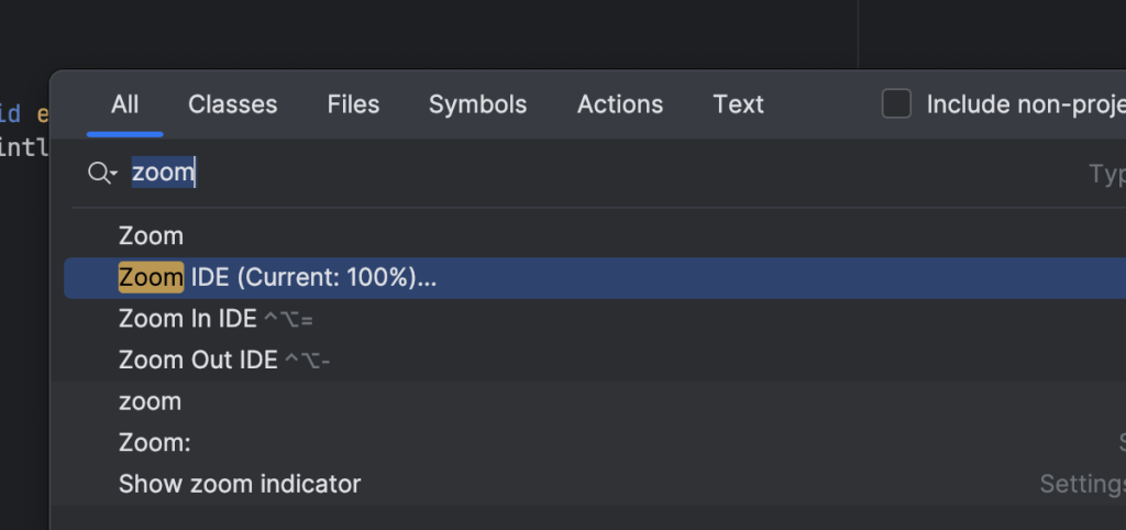 Screenshot: "Search everywhere" for the IDE zoom in IntelliJ