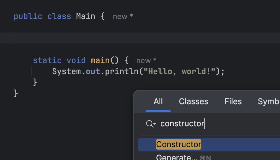 Screenshot: "Search everywhere" for "constructor" in IntelliJ