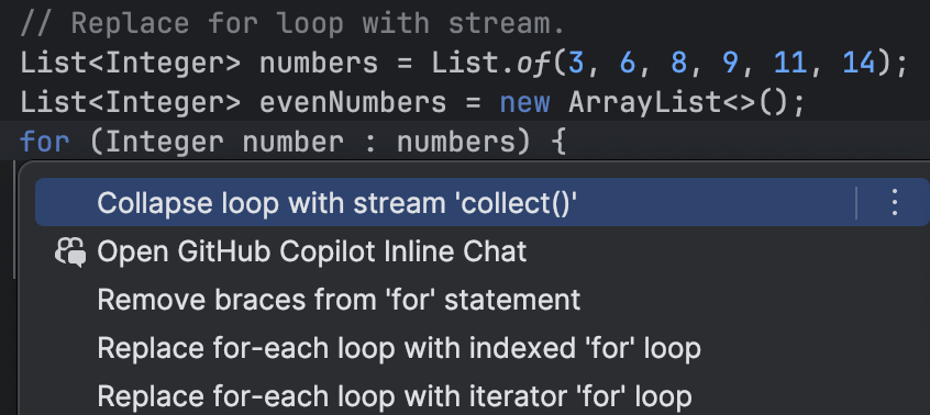 Screenshot: Context actions on a for loop, like replacing loop with stream