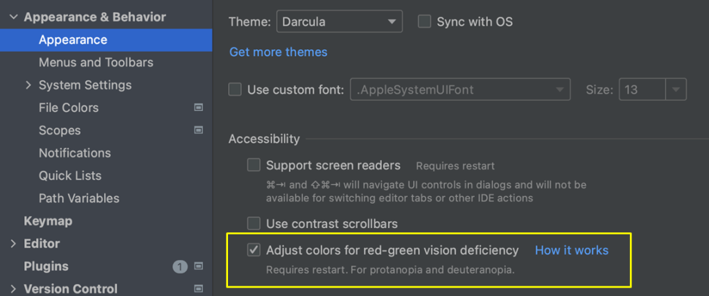 Color blind mode in IntelliJ
